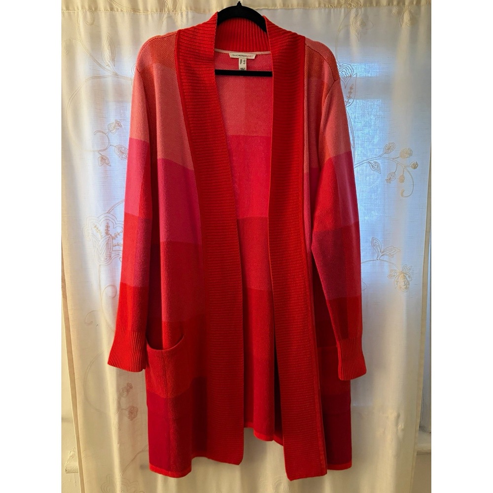 Women's Red/Pink Colorblock Knit Open Front Shawl Collar Cardigan L/XL
